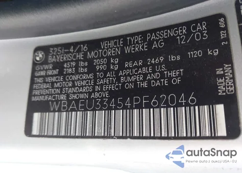 2004 BMW 325Xi from USA, damaged, VIN WBAEU33454PF62046